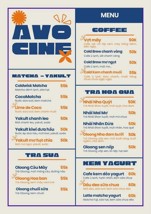 Hình 4: Menu đồ uống tại cafe phim AVOCINE